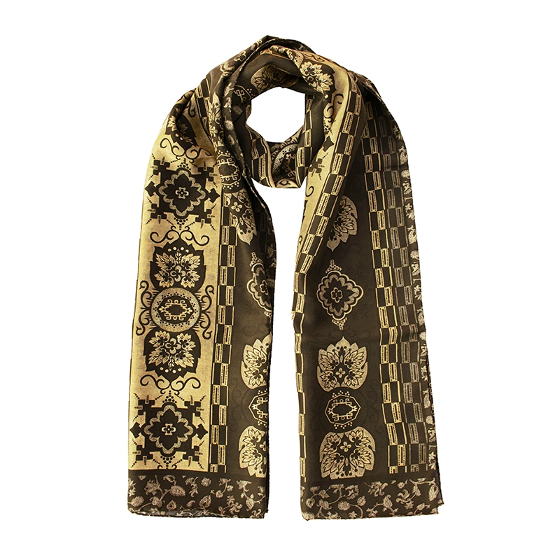 Printed silk habutai scarf with geometric and floral motifs in bron color. Made in Italy by Stefano Cau.