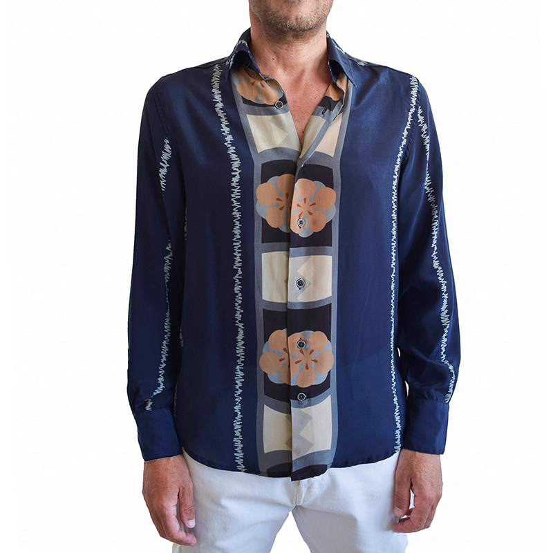 Unique Mens Printed Silk Shirt Navy Made in Como