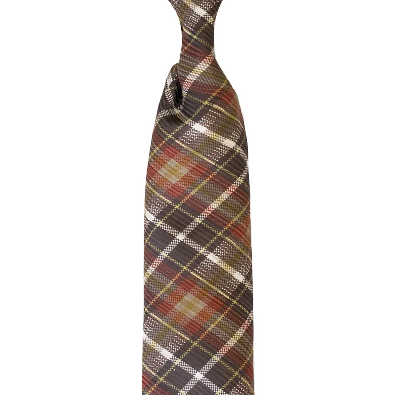 Classic Check Pattern Printed Silk Tie in brown color, custom made in Como, Italy by Stefano Cau.