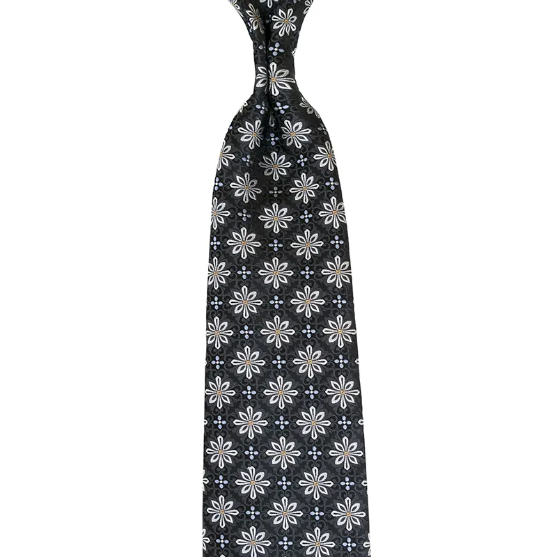Floral Motif Jacquard Woven Silk Tie in black color. Custom made in Como, Italy by Stefano Cau.
