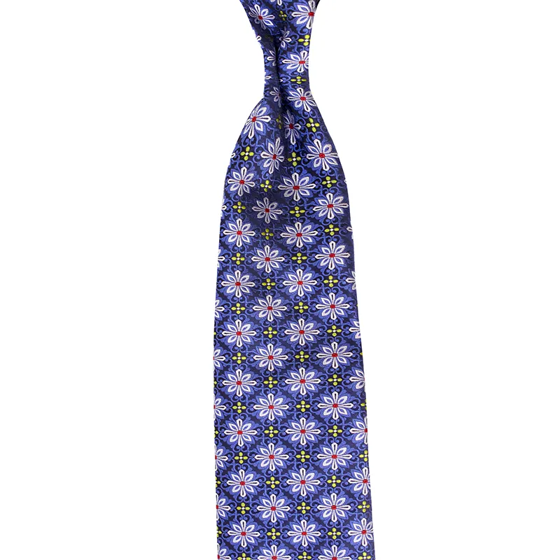 Floral Motif Jacquard Woven Silk Tie in Navy color. Handmade in Como by stefano Cau