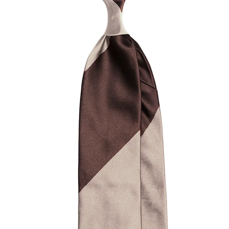 Block stripe silk satin tie brown and ecru. Handmade in Como by Stefano Cau.