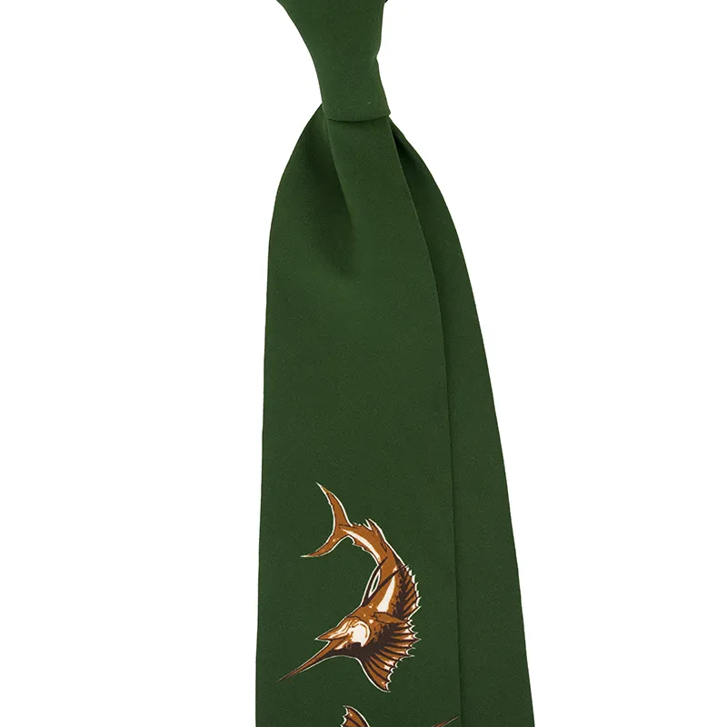 Swordfish Motif Printed Italian Silk Tie in Green color, custom made in Como by Stefano Cau