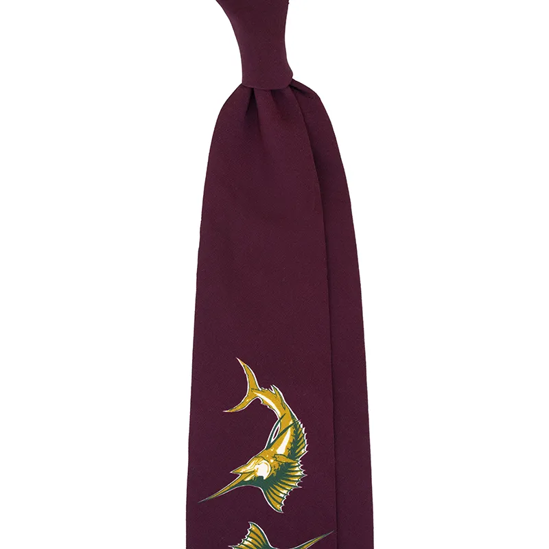 Swordfish Motif Printed Italian Silk Tie in Burgundy color. Handmade in Italy By stefano cau