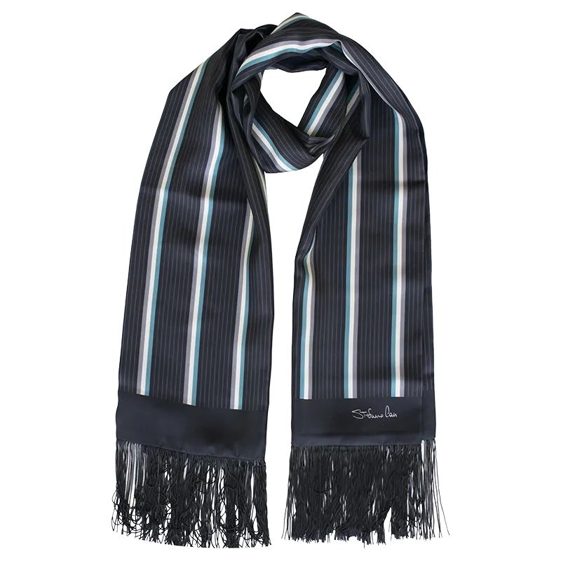Midnight Stripes Printed Silk Scarf with Fringes. MAde in Italy by Stefano Cau