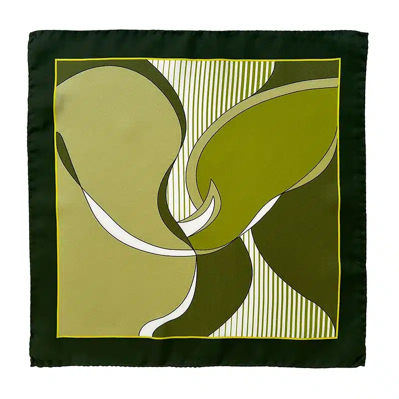Archive Geometric Motif Printed Silk Pocket Square - Green