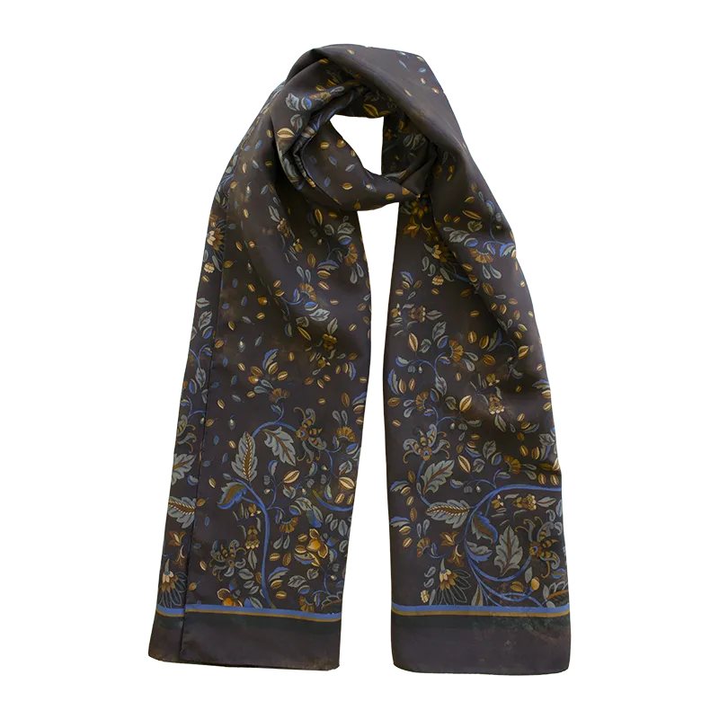Oriental Floral Motif Printed Silk Scarf Dk Brown- Stefano Cau