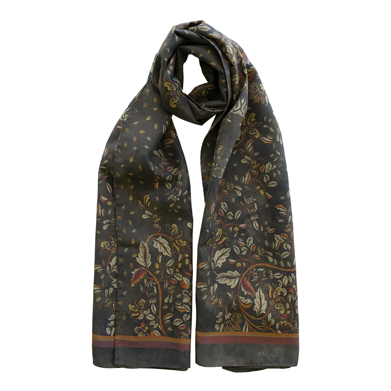 Oriental Floral Motif Printed Silk Habotai Scarf Brown By Stefano Cau
