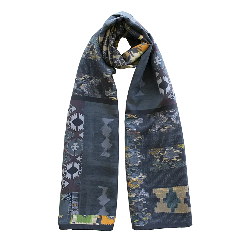 Ornamental Patchwork Motif Printed Silk habotai Scarf - Blue Made in Como by Stefano Cau
