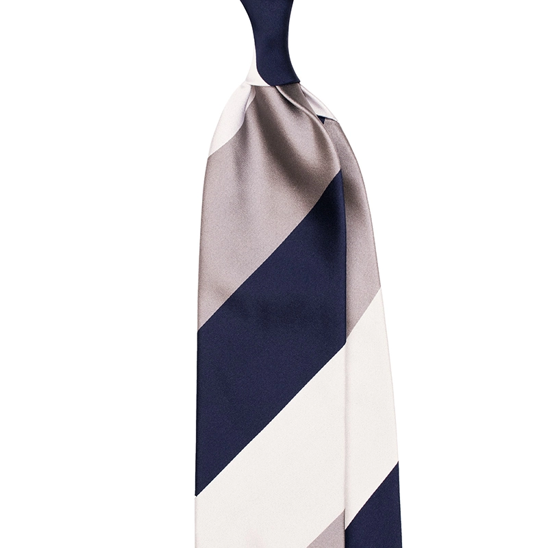 Block Stripe Silk Satin Tie – Navy/Grey/White by Stefano Cau