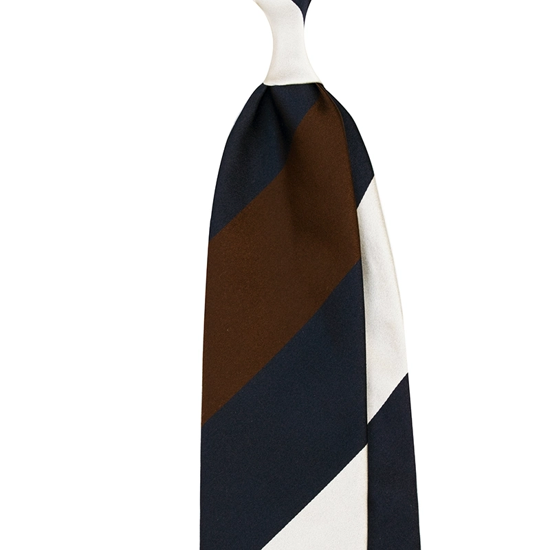 Block Stripe Silk Satin Tie - Navy/Brown/Ivory By Stefano Cau