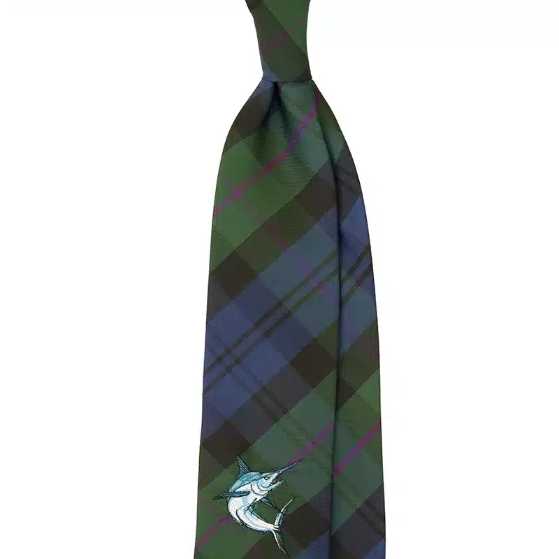 Swordfish Embroidered British Check Silk Tie by Stefano Cau