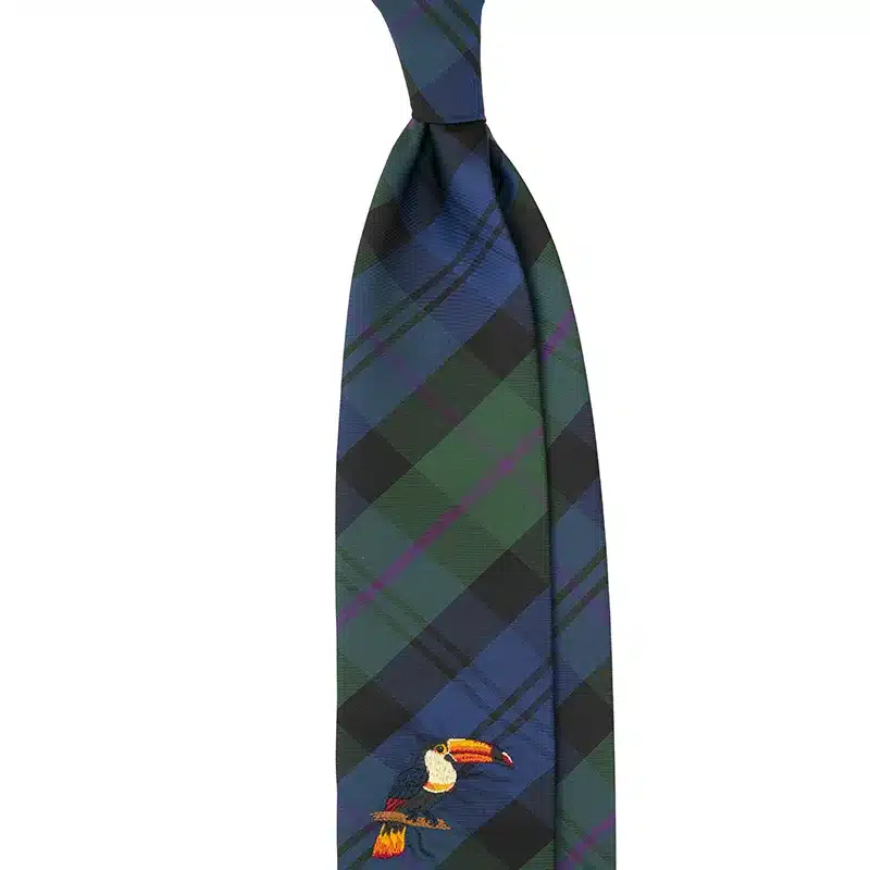 Toucan Embroidered British Check Silk Tie by Stefano Cau